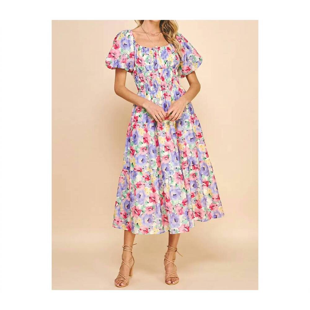 NEW PINCH floral print short sleeve maxi dress in white multi